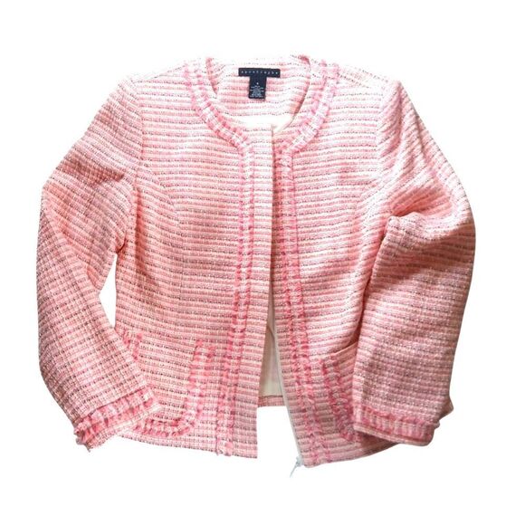 Apostrophe Jackets & Blazers - Apostrophe Pink Tweed Blazer Fringe Zipper Front Open Design Pockets Crop Size 6